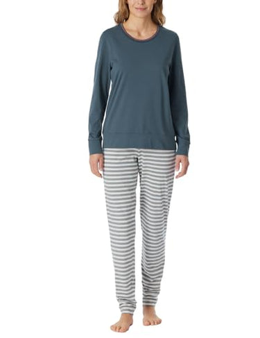 Schiesser Damen Schlafanzug Lang mit Bündchen Baumwolle-Nightwear Pyjamaset, Grün-Mel_181746, 40 im Sale